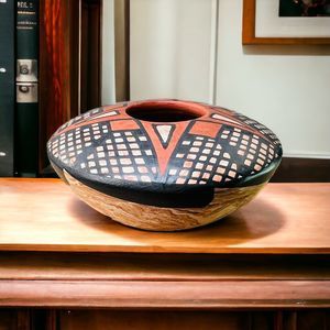 Mata Ortiz Mexico Seed Pot Olla SIGNED Miniature Handmade Black Squares Red Star